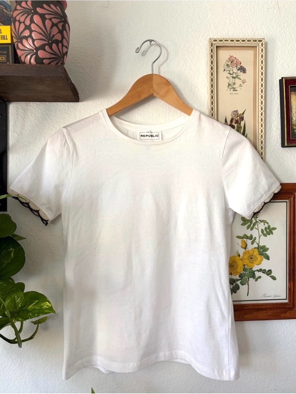 For the Republic White Crewneck Tee with Crochet Sleeve Trim - XS